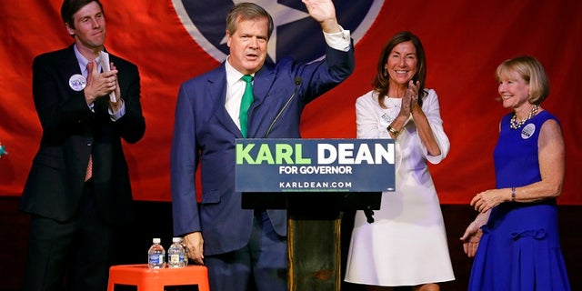 Karl Dean, who was favored to win the Democratic gubernatorial nomination in Tennessee, celebrates his victory Thursday.