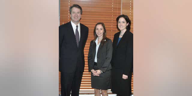 Judge Brett Kavanaugh with former law clerks Rebecca Taibleson (left) and Sarah Pitlyk (right)