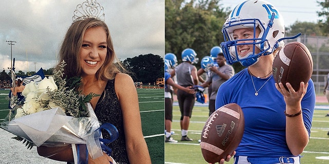 Homecoming Queen Kaylee Foster holds her football helmet while wearing a tiara on the field in Ocean Springs, Miss., Sept. 7, 2018.
