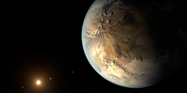 Artist's illustration of the alien planet Kepler-186f, which orbits in the habitable zone of a red dwarf star.