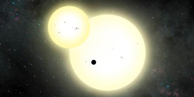 Artist's impression of the simultaneous stellar eclipse and planetary transit events on Kepler-1647 b. Such a double eclipse event is known as a syzygy. (Lynette Cook)