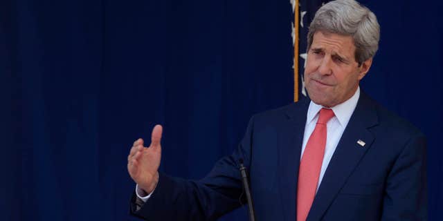 Jan. 25, 2015: U.S. Secretary of State John Kerry speaks to the media after visiting with Nigerian political leaders to have talks on the Nigeria elections to take place next month in Nigeria.