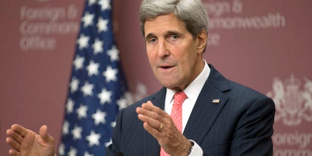Oct. 22, 2013: Secretary of State John Kerry speaks to the media at the British Foreign Office in London.