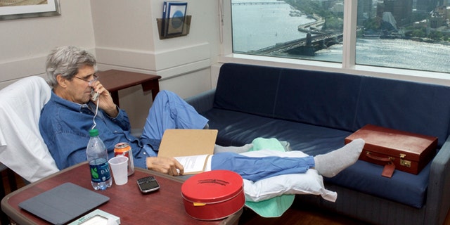 June 9, 2015: Secretary of State John Kerry speaks on Tuesday, June 9, 2015, to National Security Adviser Susan Rice from his hospital room at Massachusetts General Hospital in Boston.