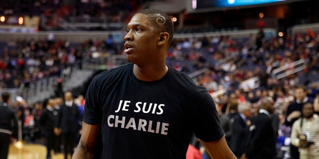 Jan. 9, 2015: Washington Wizards center Kevin Seraphin, from France, wears a "Je Suis Charlie" T-shirt during warmups for an NBA basketball game against the Chicago Bulls.