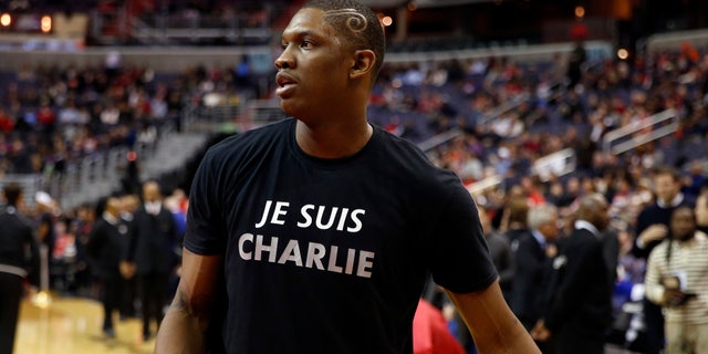 Jan. 9, 2015: Washington Wizards center Kevin Seraphin, from France, wears a "Je Suis Charlie" T-shirt during warmups for an NBA basketball game against the Chicago Bulls.