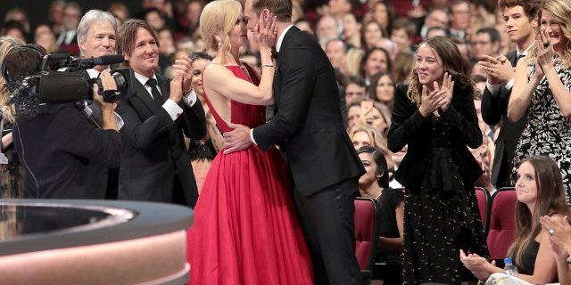 IMAGE DISTRIBUTED FOR THE TELEVISION ACADEMY - Nicole Kidman, left, congratulates Alexander Skarsgard after winning the award for outstanding supporting actor in a limited series or a movie for "Big Little Lies" at the 69th Primetime Emmy Awards on Sunday, Sept. 17, 2017, at the Microsoft Theater in Los Angeles. (Photo by Alex Berliner/Invision for the Television Academy/AP Images)