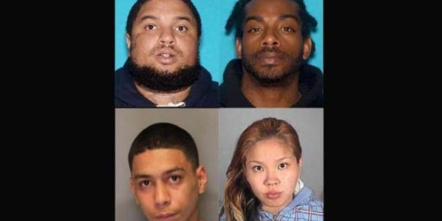 Mug shots of Emmanuel Espinoza, 26, (top left), Jaylon Brown, 32, (top right), Larry Young, 23, (bottom left) and Lovely Rauzol, 27, (bottom right). (Vallejo Police Department)