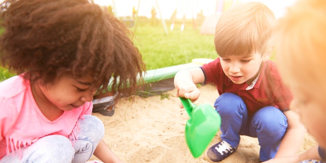 These kids are totally engrossed in their sandbox fun at a local park. 