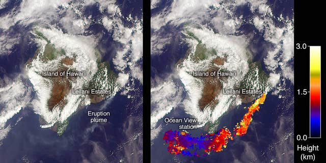 NASA's Terra satellite captured this view of the ash plume wafting from Hawaii's Kilauea volcano on May 6, 2018, using its Multi-angle Imaging SpectroRadiometer instrument. The right-hand frame shows the height of the plume.