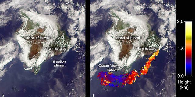 NASA's Terra satellite captured this view of the ash plume wafting from Hawaii's Kilauea volcano on May 6, 2018, using its Multi-angle Imaging SpectroRadiometer instrument. The right-hand frame shows the height of the plume.