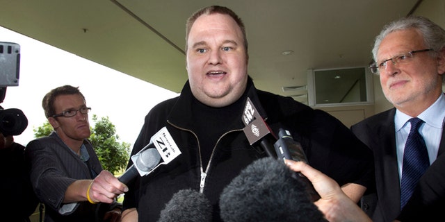 Feb. 22, 2012: Kim Dotcom, the founder of the file-sharing website Megaupload, comments after he was granted bail and released in Auckland, New Zealand.