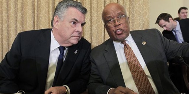Rep. Peter King, left, chairman of the House Homeland Security Committee, talks to Rep. Bennie Thompson, the top Democrat on the committee, on Capitol Hill March 10.
