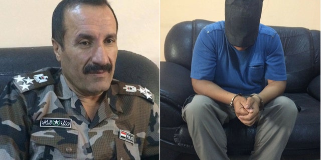 Former ISIS fighter Thahir Sahab Jamel, (r.), claims to disavow the terror group, but Kirkuk Police Brig. Gen. Sarhad Qader Mohammad, (l.), said such conversions are common among prisoners facing hanging.