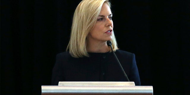 U.S. Department of Homeland Security Secretary Kirstjen Nielsen addresses a convention of state secretaries of state on Saturday in Philadelphia. Nielsen told the gathering that there are no signs that Russia is targeting this year's midterm elections on the same "scale or scope" it targeted the 2016 presidential election.