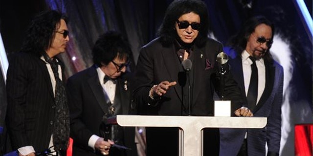 April, 10, 2014: Hall of Fame Inductees, KISS, Paul Stanley, Peter Criss, Gene Simmons, and Ace Frehley speak at the 2014 Rock and Roll Hall of Fame Induction Ceremony in New York.
