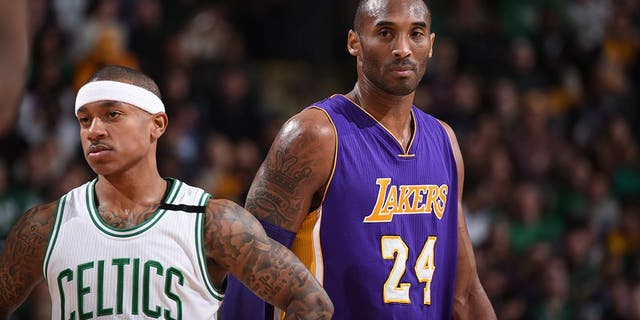 BOSTON, MA - DECEMBER 30: Isaiah Thomas #4 of the Boston Celtics and Kobe Bryant #24 of the Los Angeles Lakers ;are seen during the game on December 30, 2015 at the TD Garden in Boston, Massachusetts. NOTE TO USER: User expressly acknowledges and agrees that, by downloading and or using this photograph, User is consenting to the terms and conditions of the Getty Images License Agreement. Mandatory Copyright Notice: Copyright 2015 NBAE (Photo by Brian Babineau/NBAE via Getty Images)