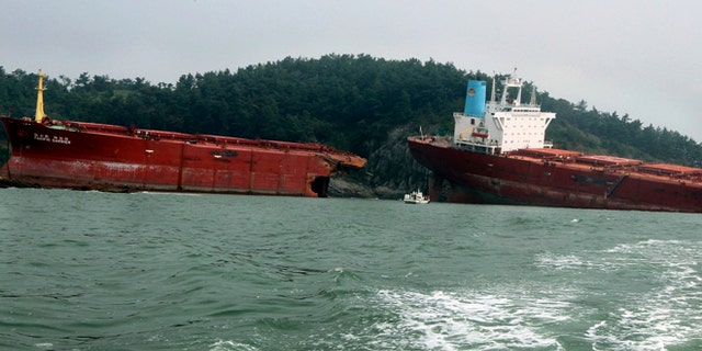 August 29, 2012: A cargo ship carrying coal, snapped in two run aground in the sea after Typhoon Bolaven hit the country in Sacheon, South Korea. As a second typhoon, Bolaven churned Wednesday toward the Korean Peninsula, the two countries began cleaning up from a powerful storm that killed at least 11 people in the South and pummeled a North Korea already struggling to rebuild from earlier flooding.