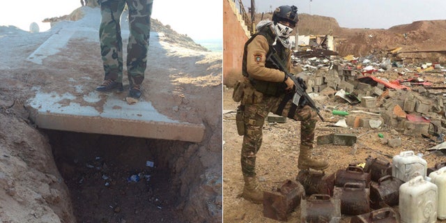 At left, Kurdish soldier stands atop an empty ISIS foxhole. At right, a member of Iraqi National Security Force stands over dismantled IEDs.