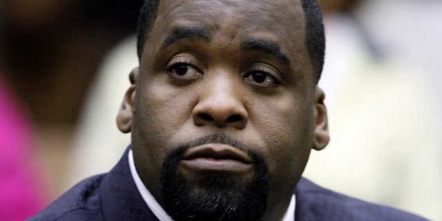 Former Detroit Mayor Kwame Kilpatrick sits at his sentencing in Wayne County Circuit Court on an obstruction-of-justice conviction, May 25, 2010. (Associated Press).