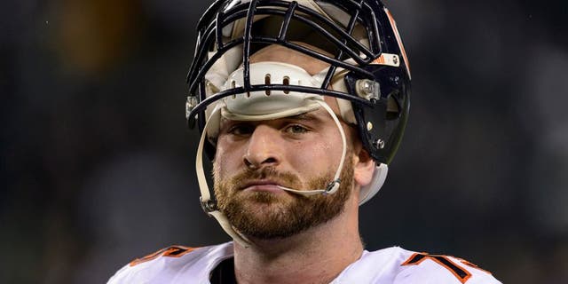 Dec 22, 2013; Philadelphia, PA, USA; Chicago Bears guard Kyle Long (75) along the sidelines prior to playing the Philadelphia Eagles at Lincoln Financial Field. The Eagles defeated the Bears 54-11. Mandatory Credit: Howard Smith-USA TODAY Sports