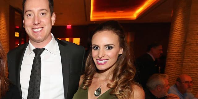 LAS VEGAS, NV - DECEMBER 01: (L-R) Producer Mark Burnett, actress Roma Downey, NASCAR Sprint Cup Series champion Kyle Busch, and Samantha Busch pose during the NASCAR Sprint Cup Series Champion's Dinner at the SW Steakhouse inside Wynn Las Vegas on December 1, 2015 in Las Vegas, Nevada. (Photo by Streeter Lecka/NASCAR via Getty Images)