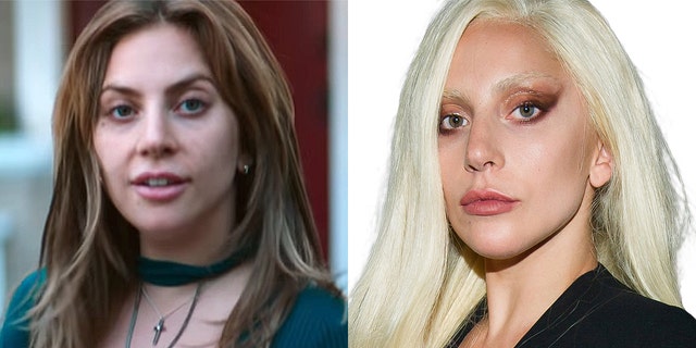 Lady Gaga in "A Star Is Born," left, and again on the red carpet in 2015.