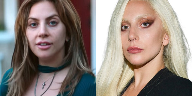 Lady Gaga in "A Star Is Born," left, and again on the red carpet in 2015.