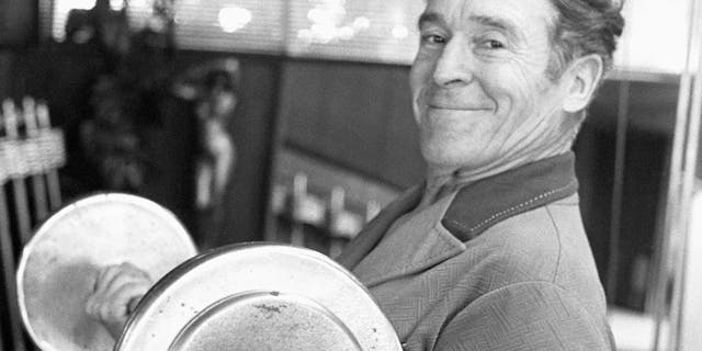 Feb. 20, 1980: Jack LaLanne pumps iron in the gym in his home in Hollywood, Calif.