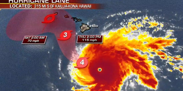 The location and forecast track of Hurricane Lane on Wednesday morning.