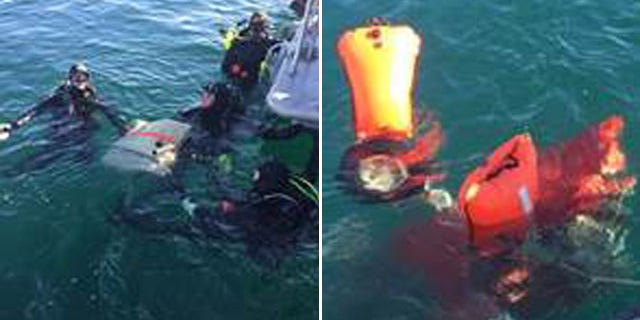 Feb. 7, 2016: These images show recovered debris from a small airplane that went down off the Southern California coast Friday. (Los Angeles County Sheriff's Department)