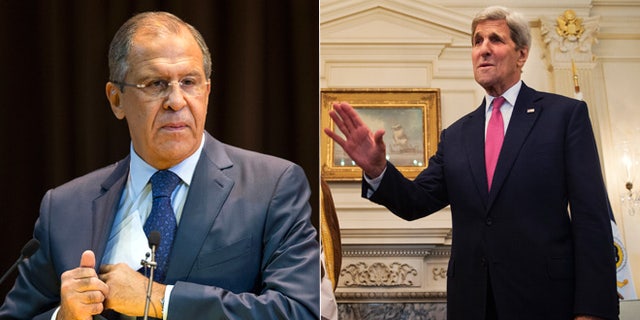 At left, Russian Foreign Minister Sergey Lavrov; at right, U.S. Secretary of State John Kerry.