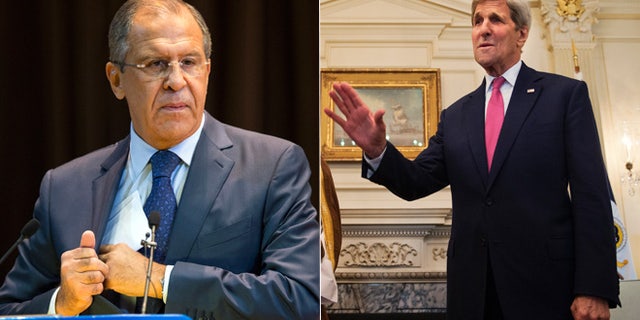 At left, Russian Foreign Minister Sergey Lavrov; at right, U.S. Secretary of State John Kerry.