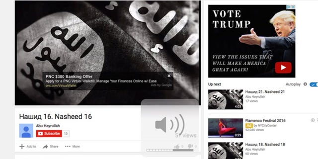 This political ad for Donald Trump appeared for months on an ISIS-linked YouTube page, according to one software expert. (Screengrab)