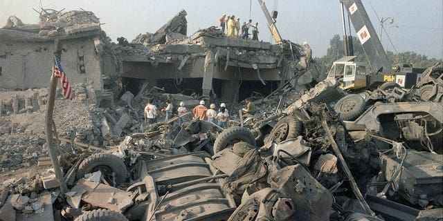 In this Oct. 23, 1983 file photo, the aftermath of the bombing of the U.S. Marines barracks in Beirut, Lebanon.