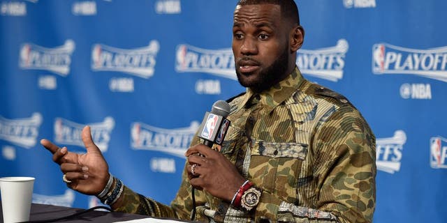 CLEVELAND, OH - MAY 1: LeBron James #23 of the Cleveland Cavaliers talks to the media during a press conference after Game One of the Eastern Conference Semifinals against the Toronto Raptors during the 2017 NBA Playoffs on May 1, 2017 at Quicken Loans Arena in Cleveland, Ohio. NOTE TO USER: User expressly acknowledges and agrees that, by downloading and/or using this photograph, user is consenting to the terms and conditions of the Getty Images License Agreement. Mandatory Copyright Notice: Copyright 2017 NBAE (Photo by David Liam Kyle/NBAE via Getty Images)
