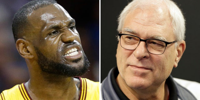 FILE - At left, in a May 12, 2015, file photo, Cleveland Cavaliers forward LeBron James reacts during the first half of Game 5 in a second-round NBA basketball playoff series against the Chicago Bulls, in Cleveland. At right, in a Feb. 8, 2016, file photo, New York Knicks president Phil Jackson speaks to reporters during a news conference in Greenburgh, N.Y.
