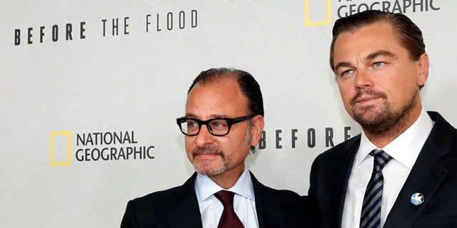 Leonardo DiCaprio and director Fisher Stevens before a screening of the documentary of "Before the Flood."