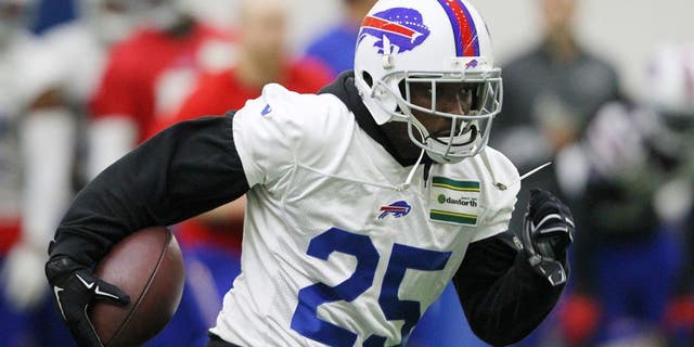 FILE - In this June 16, 2015, file photo, Buffalo Bills running back LeSean McCoy (25) takes part in drills during an NFL football minicamp in Orchard Park, N.Y. (AP Photo/Bill Wippert, File)