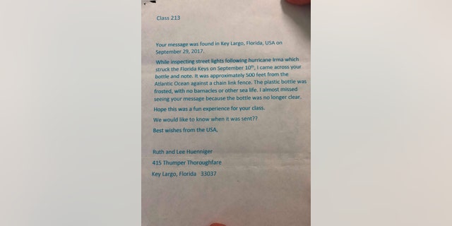 The Huennigers sent back a note to the school in Scotland.