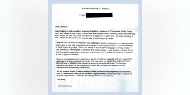 A cover letter sent by Warren Clark, using his jihadi name, to ISIS detailing his suitability for the role.