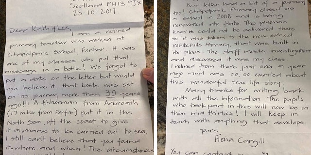 Retired Chapelpark teacher Fiona Cargill responded in a letter to the couple who found the message in a bottle.