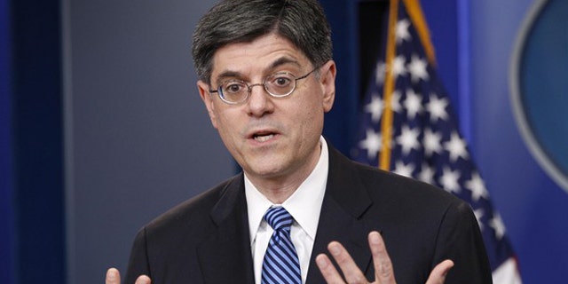 White House Office of Management and Budget Director Jacob Lew speaks to reporters in Washington April 14.