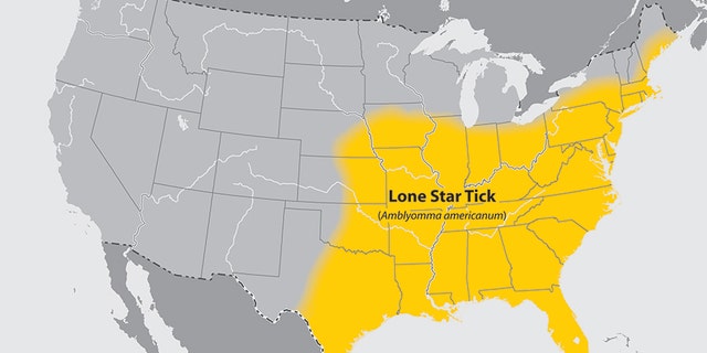 A map showing where Lone Star ticks are commonly found in the United States.