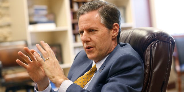 April 21, 2015 – File photo of Liberty University president, Jerry Falwell Jr. at the school in Lynchburg, Va. Falwell urged his Christian college community to arm itself against a possible attack by a would-be mass killer. Falwell made the suggestion at a gathering of 10,000 on the Lynchburg campus on Dec. 4. (AP)
