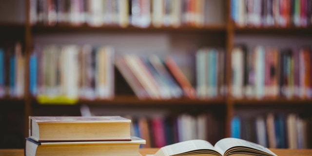 Books on desk in library at the elementary school