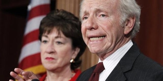 Senate Homeland Security and Governmental Affairs Committee Chairman Sen. Joseph Lieberman, I-Conn. , right, accompanied by the committee's ranking Republican Sen. Susan Collins, R-Maine, speaks during a news conference on the release of GAO report on northern border security, Tuesday, Feb. 1, 2011, on Capitol Hill in Washington. (AP)