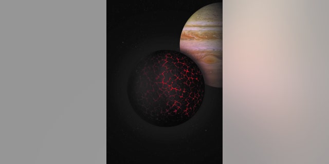 This artist's depiction illustrates the early solidification and formation of the primordial crust on Mars, with Jupiter seen in the background (not to scale, obviously). Credit: Institut de Physique du Globe de Paris