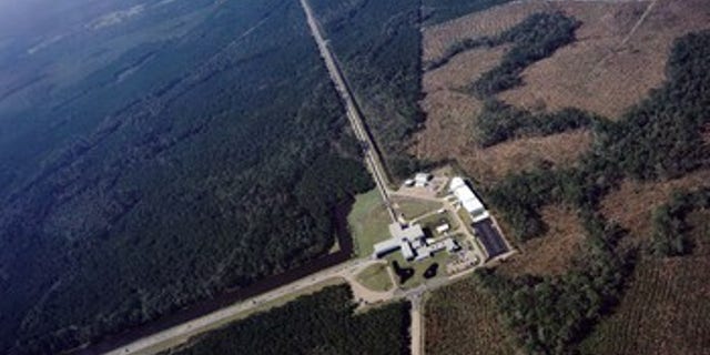 An aerial view of the Laser Interferometer Gravitational-wave Observatory (LIGO) detector in Livingston, Louisiana. LIGO has two detectors: one in Livingston and the other in Hanaford, Washington. LIGO is funded by NSF; Caltech and MIT conceived, built and operate the laboratories.