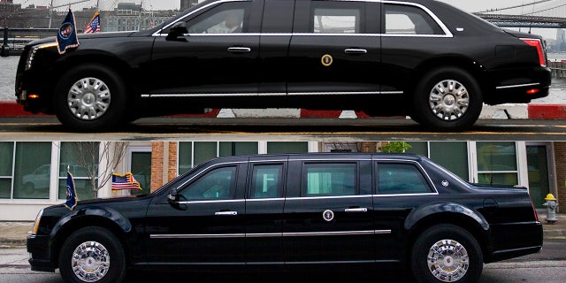Trump's new limo (top) has a different style, but similar layout to the Obama-era vehicle (bottom) it replaces.
